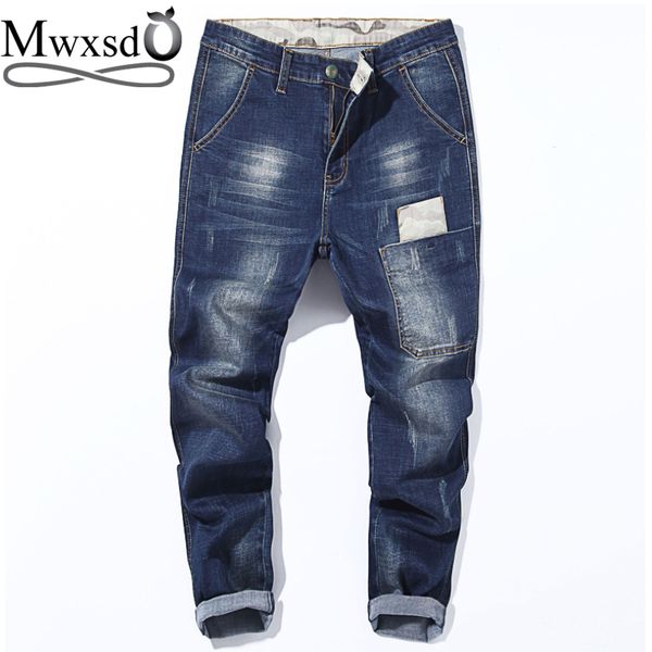 

mwxsd brand men jeans pants mens spring autumn hole cotton harem denim pants male beggar elasticity jeans trouser, Blue