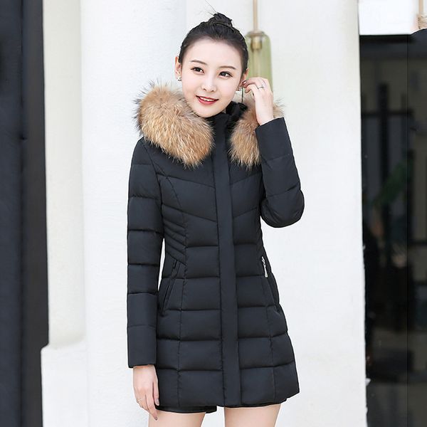 

2019 winter women's jacket large size female hooded fur collar coat plus size stand collar parkas autumn warm slim jackets, Black
