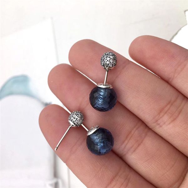 

2019 аутентичные natural blue crystal дважды мяч женщины серьги первоначально коробка fit пандора подвески стерлингового серебра 925 серьги, Golden;silver