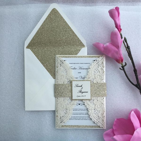 

customized ivory laser cut wedding party invitations card, elegant marriage invitation cards with band,100pcs, express shipping