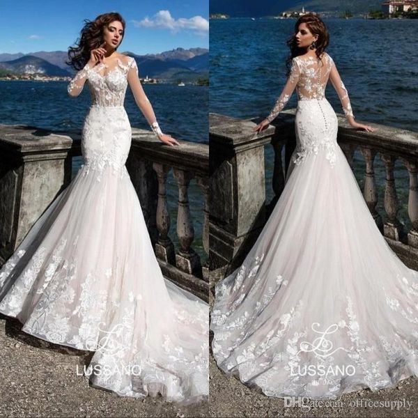 

2020 элегантные свадебные платья белого gorgeous mermaid sheer шеи иллюзия длинные рукава кружева аппликации пляж свадебные платья платье-де, White