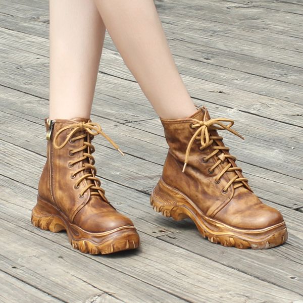 

2019 fashion thick bottom motorcycle boots women lace up ankle boots autumn winter handmade combat for women, Black