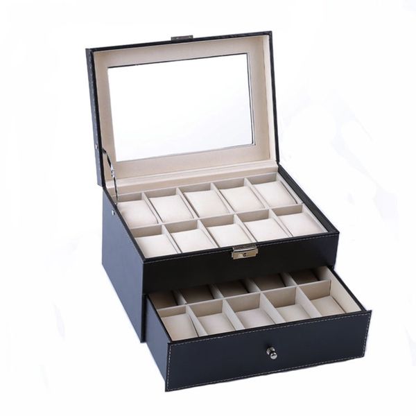 

20-bit box double drawer watch box storage showing watches display storage case tray zippere travel jewelry watch case, Black;blue