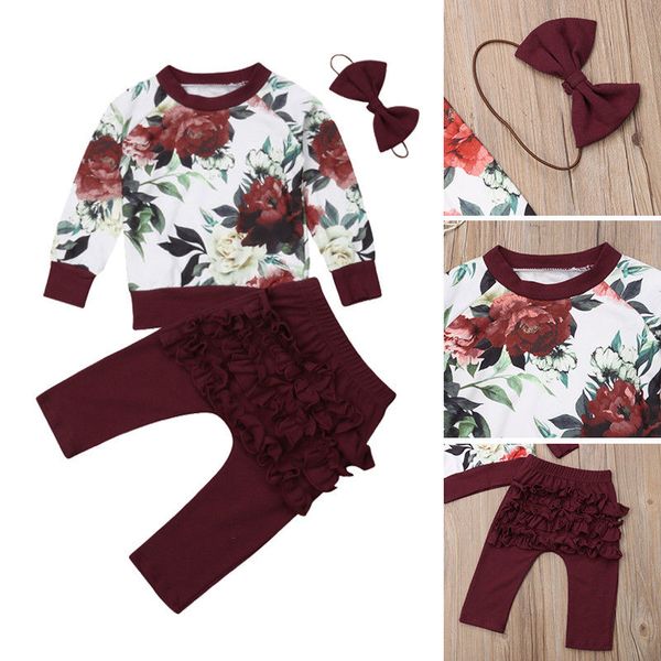 

fashion autumn toddler infant baby girl flower ruffle pants leggings 3pcs outfits clothes, White