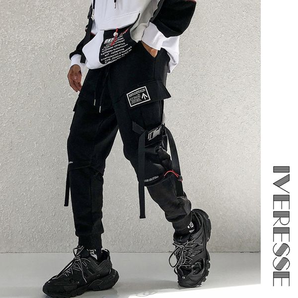 

letter men hip hop cargo pants streetwear cotton knitted joggers ribbon track sweatpants tactical harem pants pockets trousers, Black