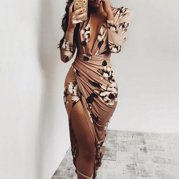 

summer printing floral evening party dress women deep v chiffon bandage dresses front split club wear maxi dress robe, White;black