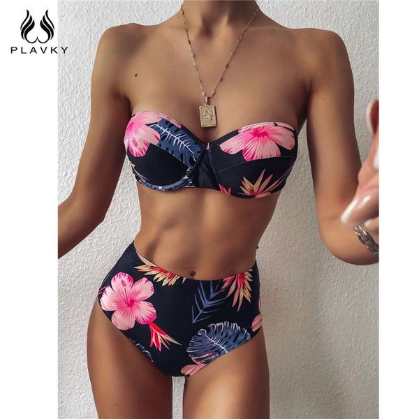 

black floral bandeau high waist push up bikini set 2020 strapless swimsuit women swimwear beach wear swim bathing suit