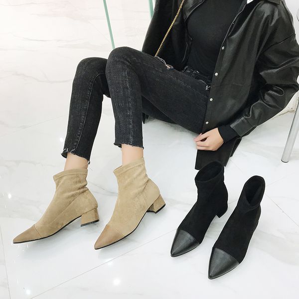 

monmoira patchwork stretch pu sock boots women pointed toe ankle boots for women high heel winter shoes swe0662, Black