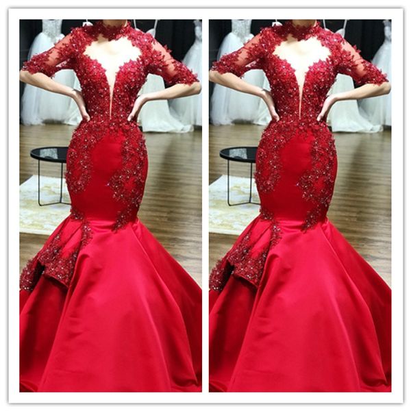 

red lace mermaid 2020 prom dresses half sleeves beaded satin formal evening gowns plus size vintage high neck party pageant dresses, Black;red