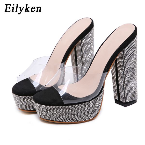 

eilyken platform slippers sandals summer shoes crystal diamond high-heeled 14cm pvc transparent party slippers 2020 new, Black