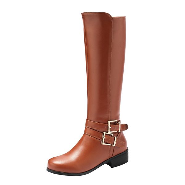 

women long tube winter bare boots double buckle causal motorcycle booties, Black