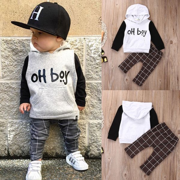 

2pcs toddler kids baby boy clothes set oh boy hoodies casual pants plaid clothing boys outfits, White