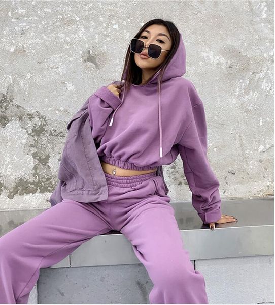

3 color women fleece hoody sweatshirt and pant two piece set streetwear 2 piece sets outfits cargo joggers pure color tracksuits, White