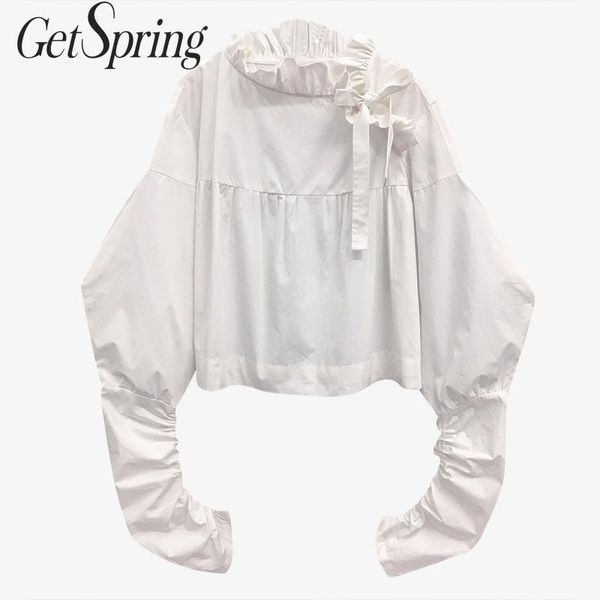 

getspring women blouse ruffle puff sleeves women shirt irregular white shirt lace up vintage blouse long sleeve womens 2020