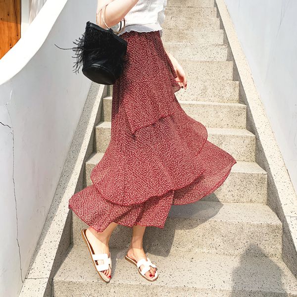 

elegant floral print ruffles women skirt vintage elastic waist chiffon a-line female skirt 2019 party long skirts femme, Black;gray