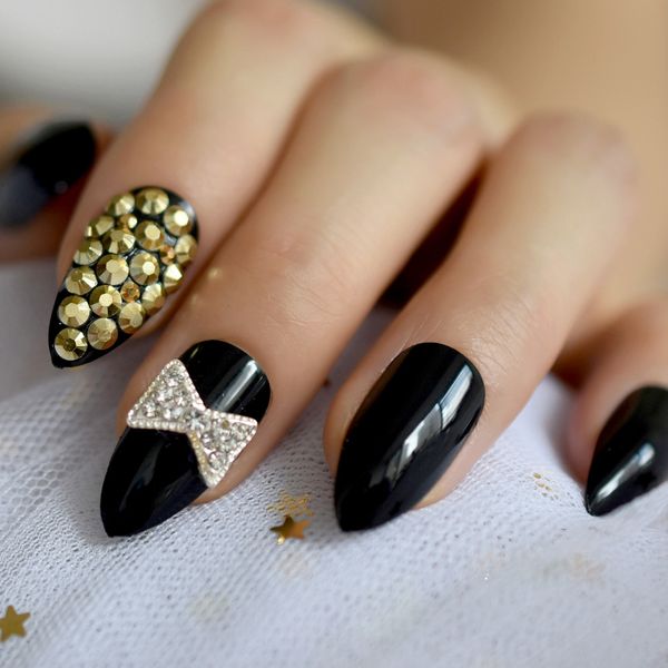 

3d rhinestones black stiletto false nail silver ribbon bow almond art tips almond uv gel fake nails press on daily wear, Red;gold