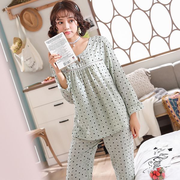 

printed summer pajamas women cotton sleepwear long sleeve home shirt women cute sleep set suit 2pcs nightwear, Blue;gray