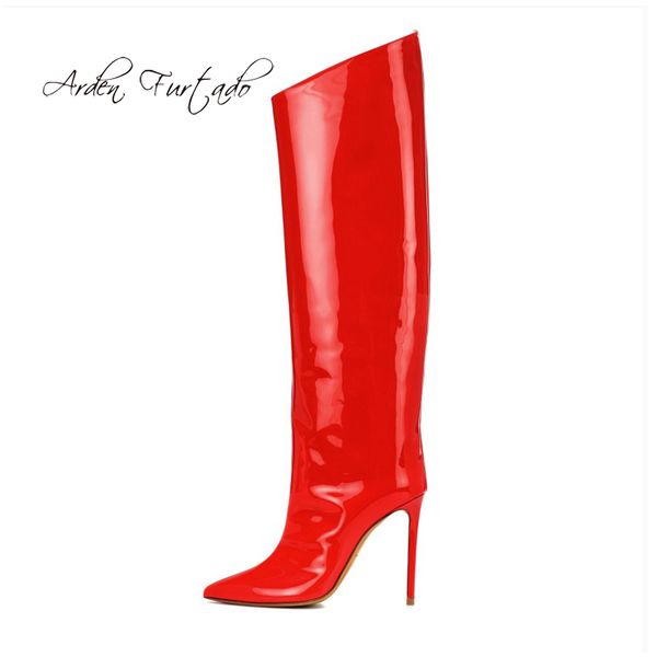 

arden furtado 2018 spring autumn winter stilettos high heels 12cm knee high boots red green gold fashion boots big size 47 48, Black