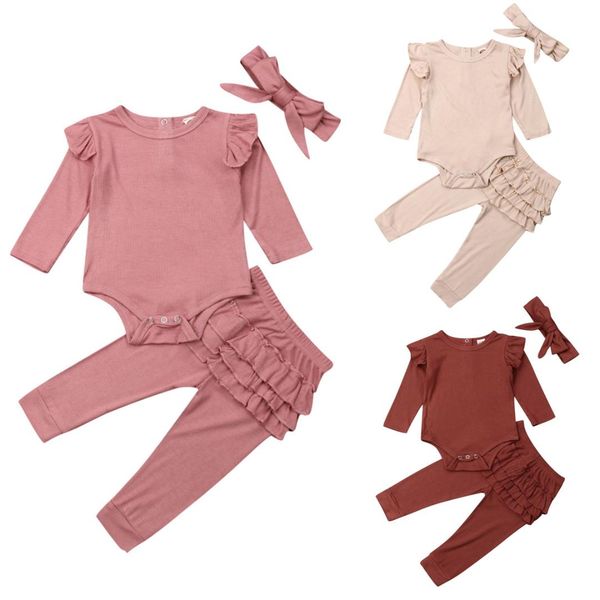

baby girl clothes set 2019 toddler infant newborn autumn long sleeve solid bodysuit ruffle pants headband 3pcs outfit clothing, White