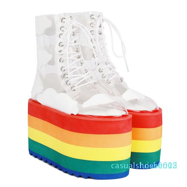 

runway shoes rainbow candy color socks boots high platform wedges transparent ankle boots clear pvc lace up increasing shoes c15, Black