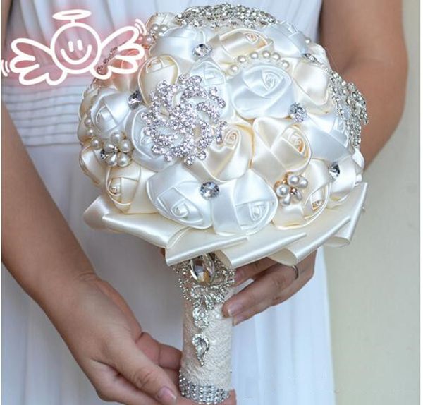 

2019 wedding bridal bouquets with handmade flowers satin peals crystal rhinestone rose wedding supplies bride holding brooch bouquet