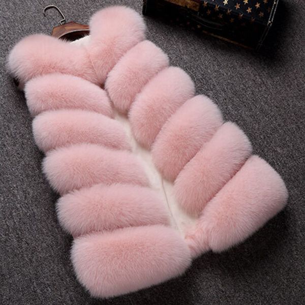 

2018 winter coat women fur vest fashion slim sleeveless faux fur vest long plus size luxury thicken jacket gilet veste pink, Black