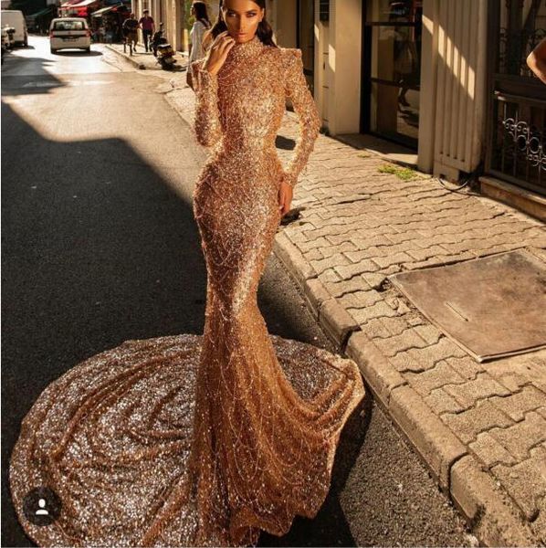 Abendkleid Youself aljasmi Larourjoisie Maxikleider Turmpet Mermaid Bodenlang Langarm Reißverschluss Strass Perlen Perlen Quaste