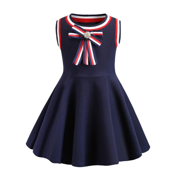 

retail baby girl dresses summer bowknot cotton casual knitted vest dress children sleeveless pleated dress boutique kids designer clothes, Red;yellow