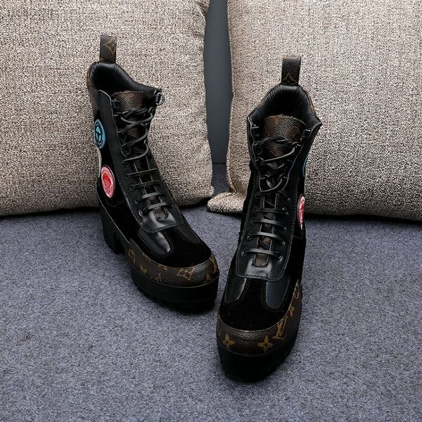 

european station winter new short boots custom lace-up high heel martin boots leisure simple retro thick bottom motorcycle boot women, Black