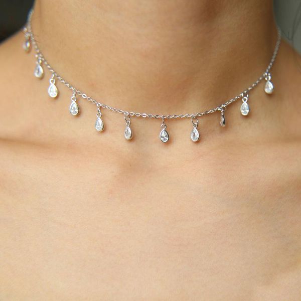 

2020 spring delicate necklace paved cz drop mini charm dainty gold color 33+7cm choker necklace pendant for lover wedding gift, Silver