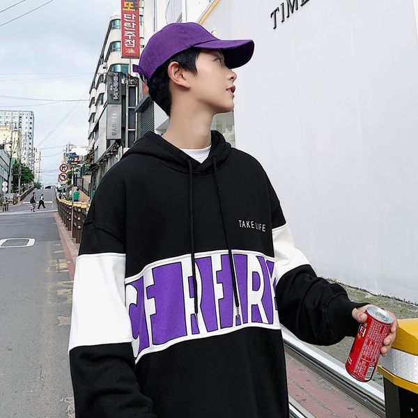 

autumn new plus velvet hoodies men warm fashion contrast color casual hooded pullover streetwear hip hop loose letter sweatshirt, Black