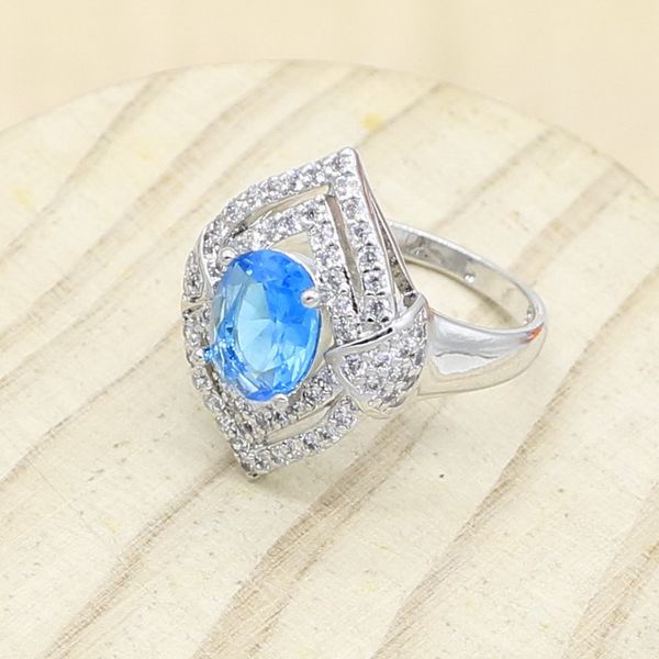 

geometric 925 sterling silver ring for women sky blue semi-precious wedding jewelry gift box, Slivery;golden