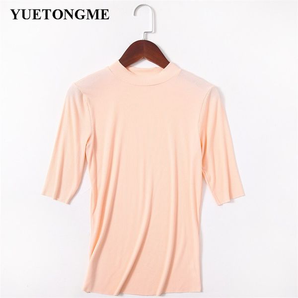 

women's t-shirt yuetongme 2021 striped slim fit stretchy neck half sleeve ladies workwear solid srping women btl139, White
