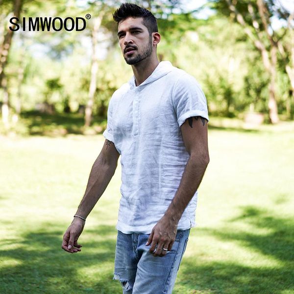 

simwood 2019 новая летом с коротким рукавом рубашки мужчины 100% linen white slim fit plus размер высокого качества tops с капюшоном рубашка, White;black