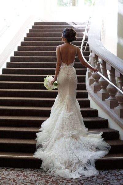 

vintage mermaid wedding dress with spaghetti strap chapel train sashes lace bridal dress tiered pleats appliques backless wedding gown, White