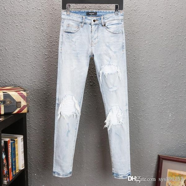 

2020men jeans brand jeans mens casual hole shorts washed old patch pants luxury designer clothes, Blue