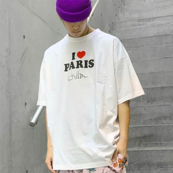 

20ss i love paris рукописной подпись печать red heart сыпучая футболка crew neck tee пар mens женщин способ конструктора рубашка hfxhtx043, White;black