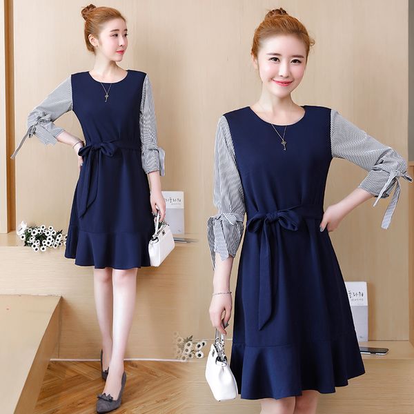 

5xl patchwork dress women 2019 spring new women dresses 3/4 sleeve o-neck loose dress plus size cute teenage preppy style, Black;gray