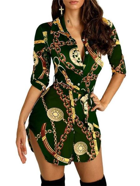 

print female dress women lapel neck short sleeve fashion designer dresses casual ladies holidays clothing summer gold chain, Black;gray