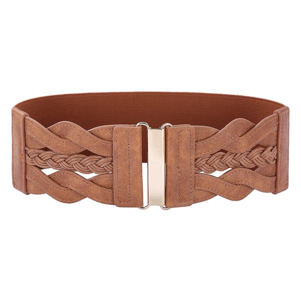 

belle poque 2018 fashion women belts braided pu metal hook buckles high stretchy ladies elastic waist belt waistband for womens, Black;brown