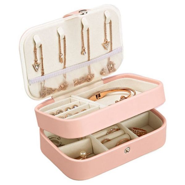 

portable women jewelry box storage organizer girls travel 2-layer rectangle earrings ring necklace carrying case gift boxes, Pink;blue