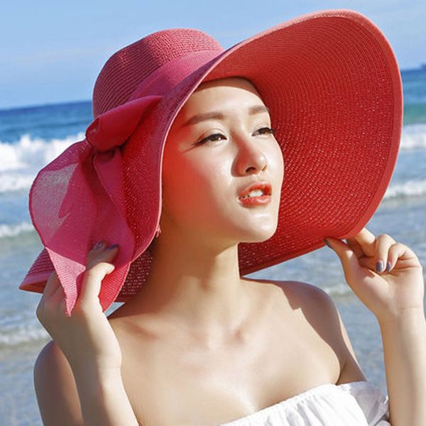 

women big bowknot floppy sun hat foldable straw wide brim summer beach cap aic88, Blue;gray
