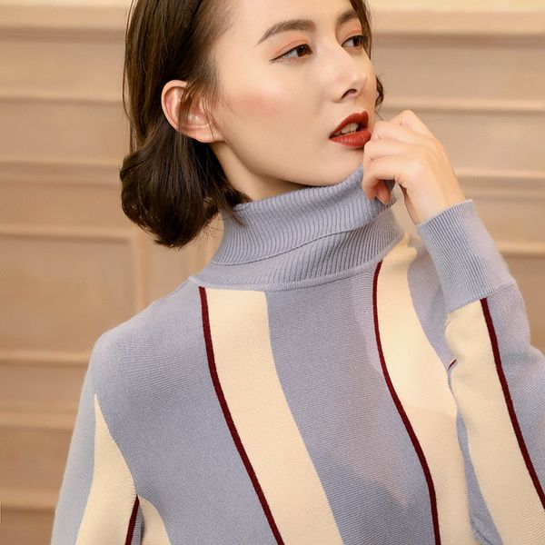 

2020 new spring and autumn knitted 100% cashmere sweater women color stripe turtleneck fashion sweater women loose fashion, White;black