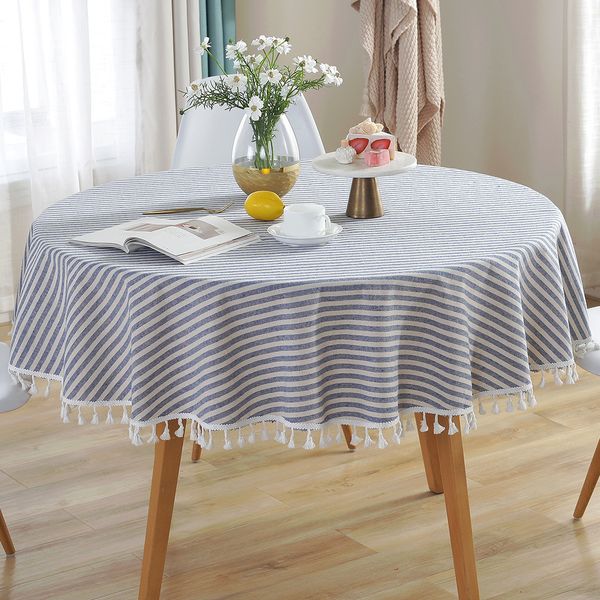

tassel cover tablecloth cotton linen dining dust-proof for kitchen decorative round table runner striped living room