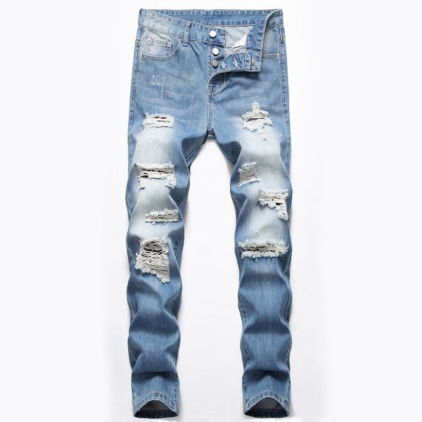 

2020 young men straight jeans nostalgia personality hole button jeans, Blue