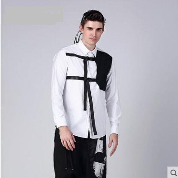 

customized plus size s-6xl new male fashion hair stylist european american personality splicing show stage long-sleeved shirt, White;black