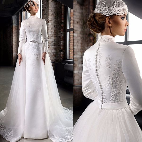 Abiti da sposa musulmani in raso modesto A Line Collo alto in raso maniche lunghe Applique in pizzo Abiti da sposa con perline con tulle staccabile Tr240O