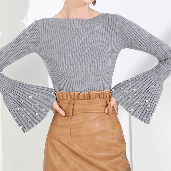 

свитер flare рукавом бисероплетение свитер женщин o-образным вырезом пуловер вязаная осень solid, White;black