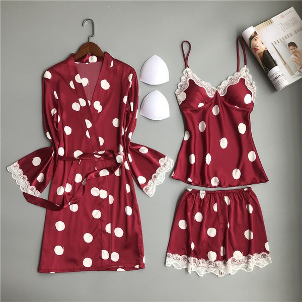 

smmoloa female silk pjamas 3 piece sets lace robe sets satin nightwear, Black;red