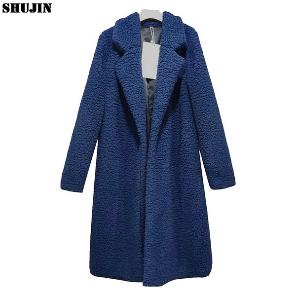 

shujin 2019 winter thicken faux fur coat women soild long jackets turndown bear cardigan female lamb wool outwear plus size new, Black